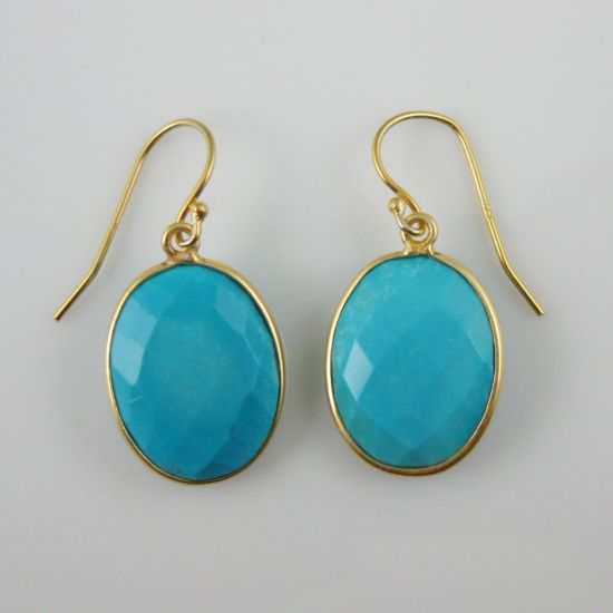 Wholesale Bezel Gemstone Oval Pendant Earrings - Gold Plated Hooks - Turquoise