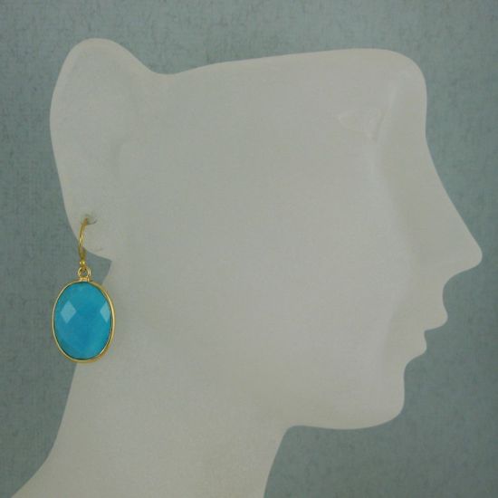 Wholesale Bezel Gemstone Oval Pendant Earrings - Gold Plated Hooks - Turquoise