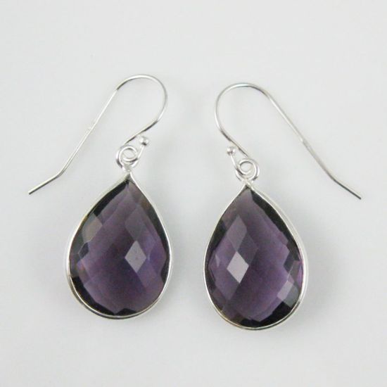 Wholesale Bezel Gemstone Tear Shaped Pendant Earrings - Sterling Silver Hooks - Amethyst