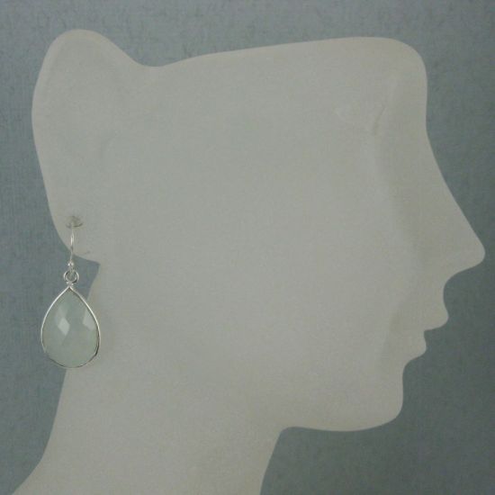 Wholesale Bezel Gemstone Tear Shaped Pendant Earrings - Sterling Silver Hooks - Aqua Chalcedony