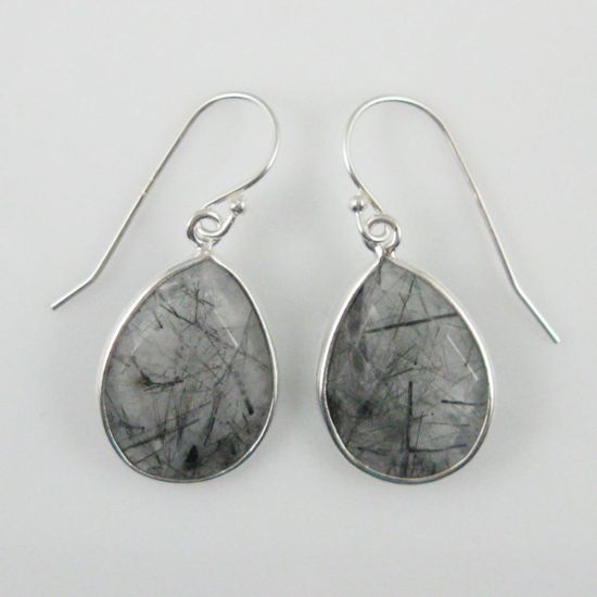 Wholesale Bezel Gemstone Tear Shaped Pendant Earrings - Sterling Silver Hooks - Black Rutilated Quartz