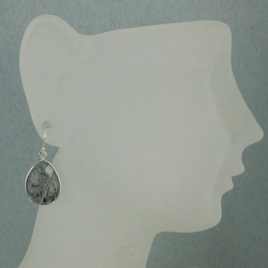 Wholesale Bezel Gemstone Tear Shaped Pendant Earrings - Sterling Silver Hooks - Black Rutilated Quartz
