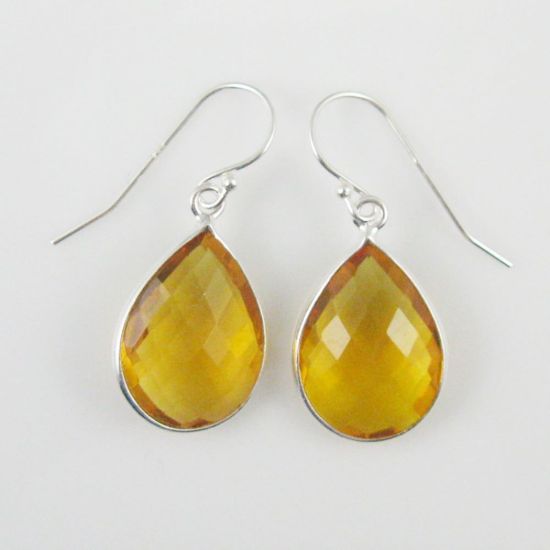 Wholesale Bezel Gemstone Tear Shaped Pendant Earrings - Sterling Silver Hooks - Citrine Quartz