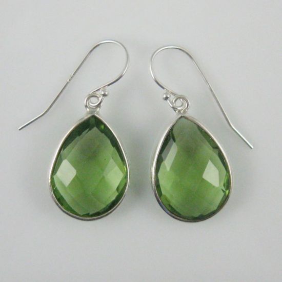Wholesale Bezel Gemstone Tear Shaped Pendant Earrings - Sterling Silver Hooks - Green Amethyst Quartz