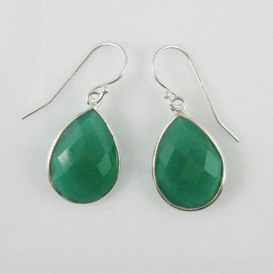 Wholesale Bezel Gemstone Tear Shaped Pendant Earrings - Sterling Silver Hooks - Green Onyx
