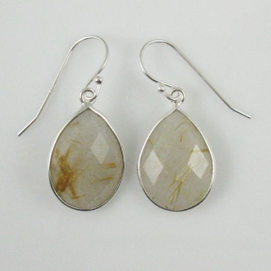 Wholesale Bezel Gemstone Tear Shaped Pendant Earrings - Sterling Silver Hooks - Gold Rutilated Quartz