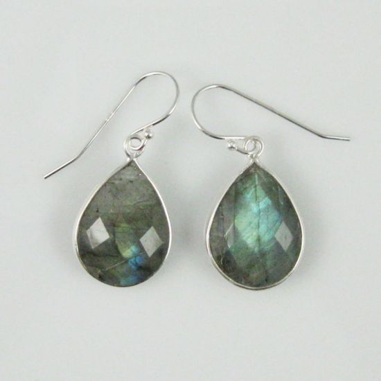 Wholesale Bezel Gemstone Tear Shaped Pendant Earrings - Sterling Silver Hooks - Labradorite
