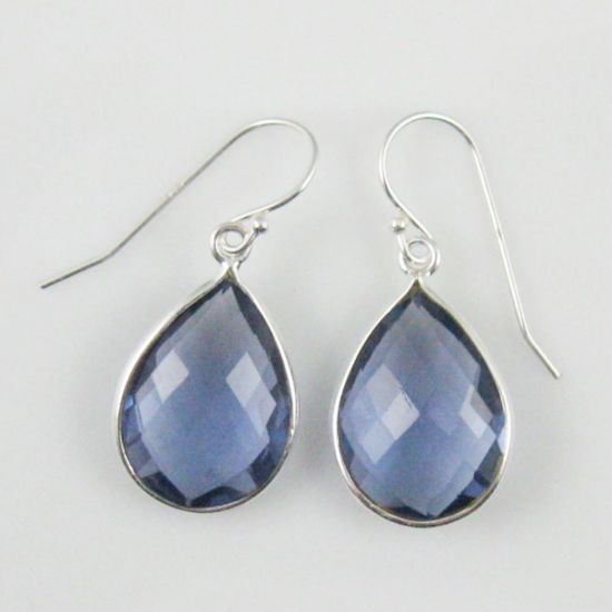 Wholesale Bezel Gemstone Tear Shaped Pendant Earrings - Sterling Silver Hooks - Iolite Quartz