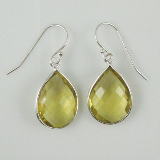 Wholesale Bezel Gemstone Tear Shaped Pendant Earrings - Sterling Silver Hooks - Lemon Quartz