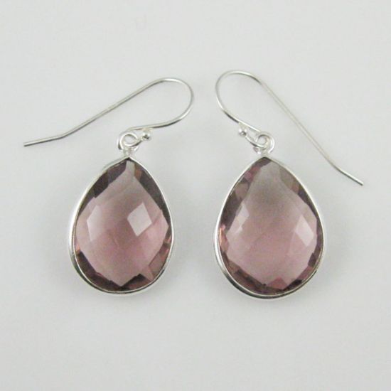 Wholesale Bezel Gemstone Tear Shaped Pendant Earrings - Sterling Silver Hooks - Pink Amethyst Quartz