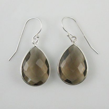 Wholesale Bezel Gemstone Tear Shaped Pendant Earrings - Sterling Silver Hooks - Smoky Quartz