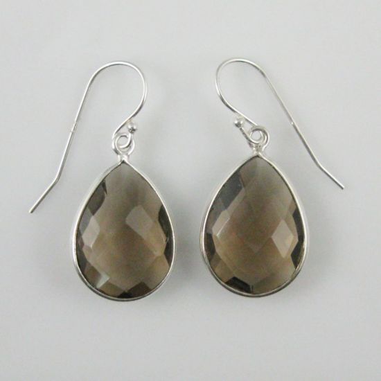 Wholesale Bezel Gemstone Tear Shaped Pendant Earrings - Sterling Silver Hooks - Smoky Quartz