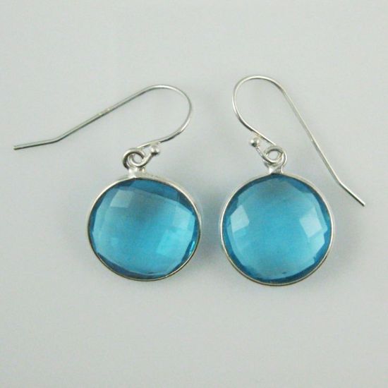 Wholesale Bezel Gemstone Round Pendant Earrings - Sterling Silver Hooks - Blue Topaz