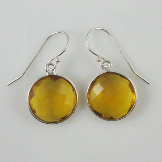 Wholesale Bezel Gemstone Round Pendant Earrings - Sterling Silver Hooks - Citrine Quartz