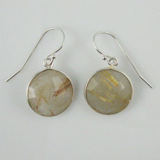 Wholesale Bezel Gemstone Round Pendant Earrings - Sterling Silver Hooks - Gold Rutilated Quartz