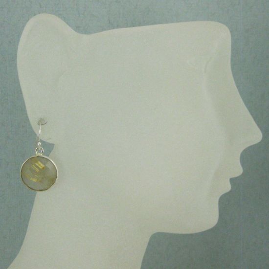 Wholesale Bezel Gemstone Round Pendant Earrings - Sterling Silver Hooks - Gold Rutilated Quartz