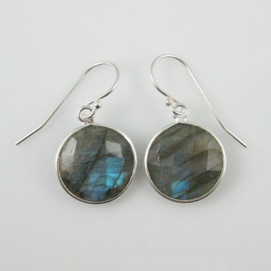 Wholesale Bezel Gemstone Round Pendant Earrings - Sterling Silver Hooks - Labradorite
