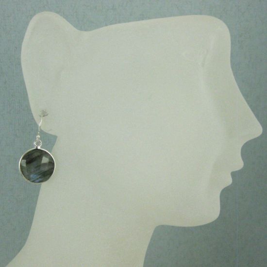 Wholesale Bezel Gemstone Round Pendant Earrings - Sterling Silver Hooks - Labradorite