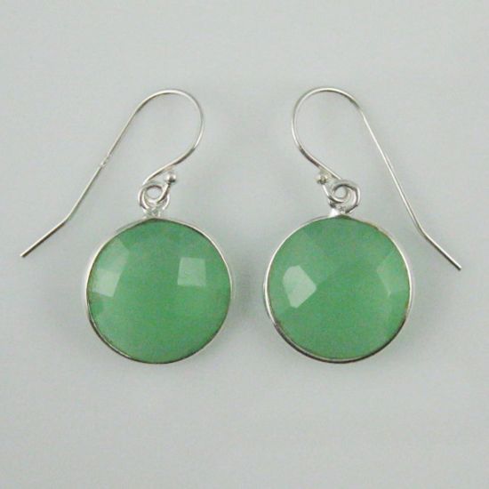 Wholesale Bezel Gemstone Round Pendant Earrings - Sterling Silver Hooks - Prenite Chalcedony