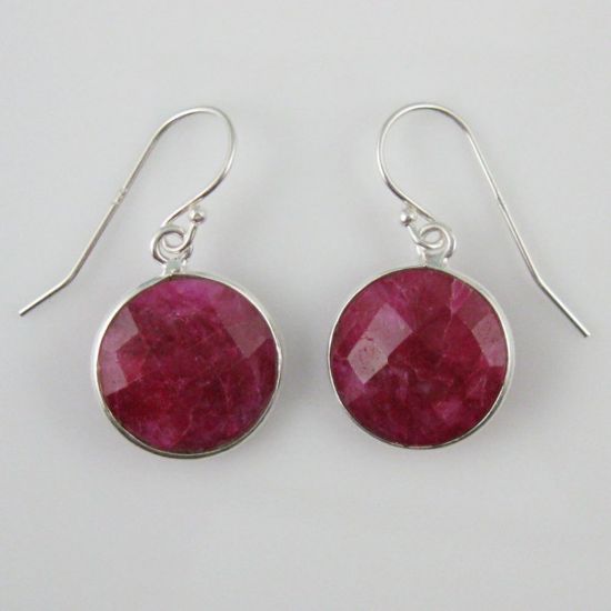 Wholesale Bezel Gemstone Round Pendant Earrings - Sterling Silver Hooks - Ruby Dyed