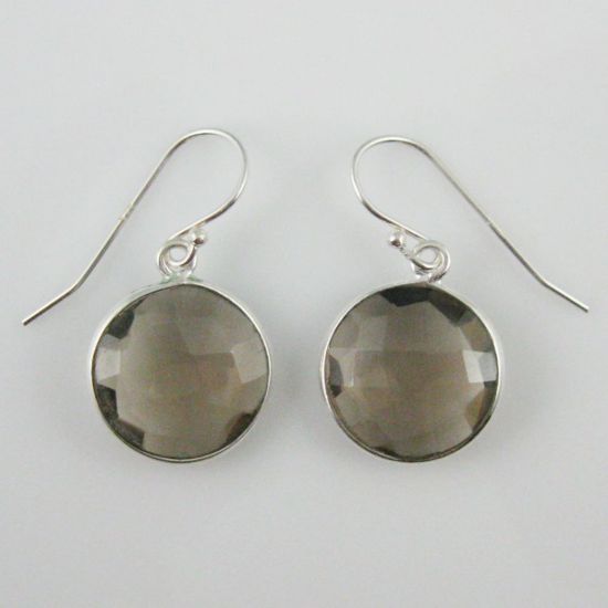 Wholesale Bezel Gemstone Round Pendant Earrings - Sterling Silver Hooks - Smoky Quartz