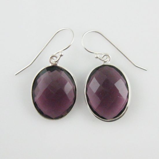Wholesale Bezel Gemstone Oval Shaped Pendant Earrings - Sterling Silver Hooks - Amethyst