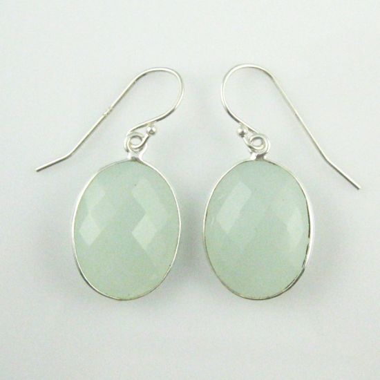 Wholesale Bezel Gemstone Oval Shaped Pendant Earrings - Sterling Silver Hooks - Aqua Chalcedony