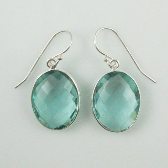 Wholesale Bezel Gemstone Oval Shaped Pendant Earrings - Sterling Silver Hooks - Aqua Quartz
