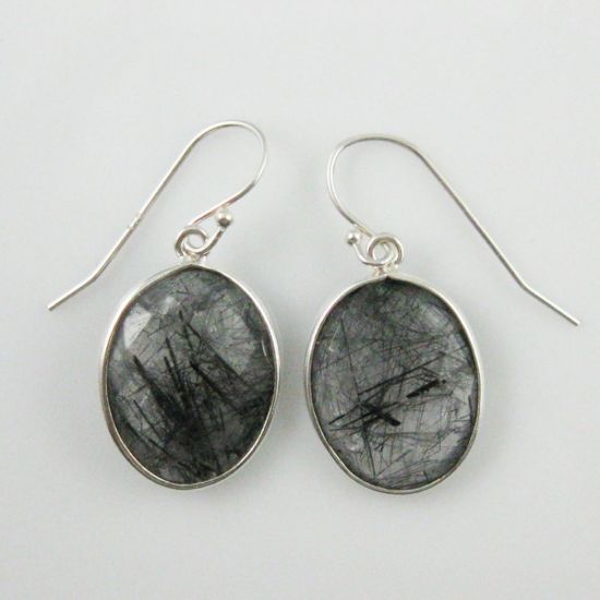 Wholesale Bezel Gemstone Oval Shaped Pendant Earrings - Sterling Silver Hooks - Black Rutilated Quartz