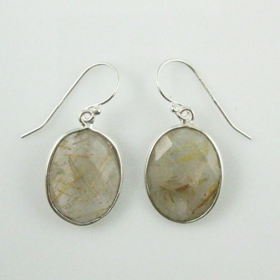 Wholesale Bezel Gemstone Oval Shaped Pendant Earrings - Sterling Silver Hooks - Gold Rutilated Quartz