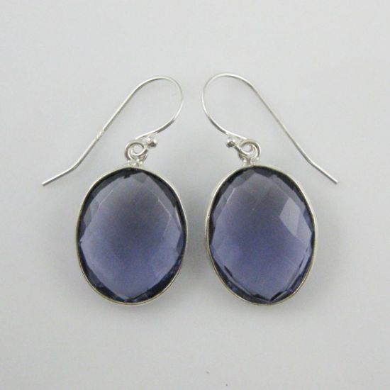 Wholesale Bezel Gemstone Oval Shaped Pendant Earrings - Sterling Silver Hooks - Iolite Quartz