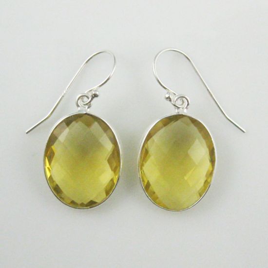 Wholesale Bezel Gemstone Oval Shaped Pendant Earrings - Sterling Silver Hooks - Lemon Quartz