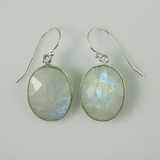 Wholesale Bezel Gemstone Oval Shaped Pendant Earrings - Sterling Silver Hooks - Moonstone