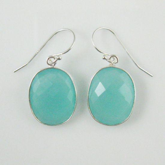 Wholesale Bezel Gemstone Oval Shaped Pendant Earrings - Sterling Silver Hooks - Peru Chalcedony