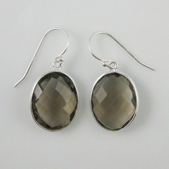Wholesale Bezel Gemstone Oval Shaped Pendant Earrings - Sterling Silver Hooks - Smoky Quartz