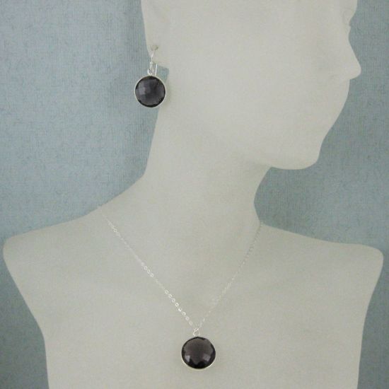 Wholesale Bezel Gem Round Pendant Necklace & Earrings-Sterling Silver-Amethyst (16-24")