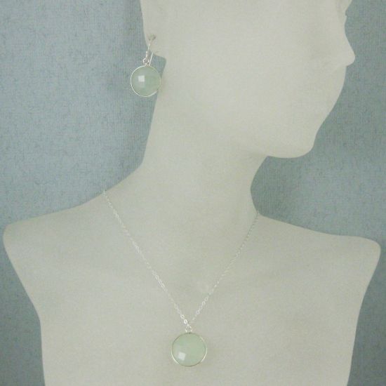 Wholesale Bezel Gem Round Pendant Necklace & Earrings-Sterling Silver-Aqua Chalcedony (16-24")