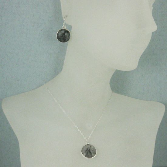 Wholesale Bezel Gem Round Pendant Necklace & Earrings-Sterling Silver-Black Rutilated Quartz (16-24")