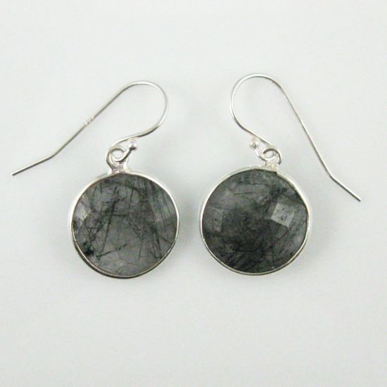 Wholesale Bezel Gem Round Pendant Necklace & Earrings-Sterling Silver-Black Rutilated Quartz (16-24")