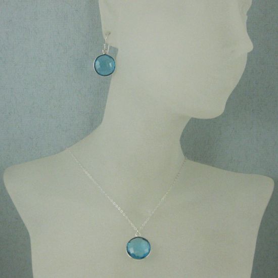 Wholesale Bezel Gem Round Pendant Necklace & Earrings-Sterling Silver-Blue Topaz (16-24")