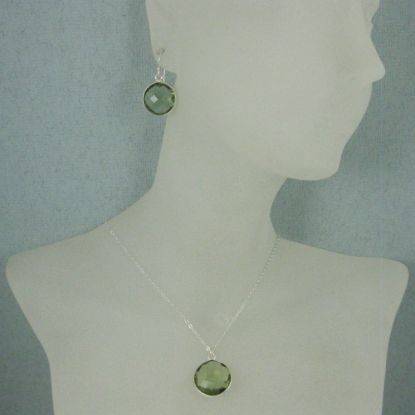 Wholesale Bezel Gem Round Pendant Necklace & Earrings-Sterling Silver-Green Amethyst Quartz (16-24")