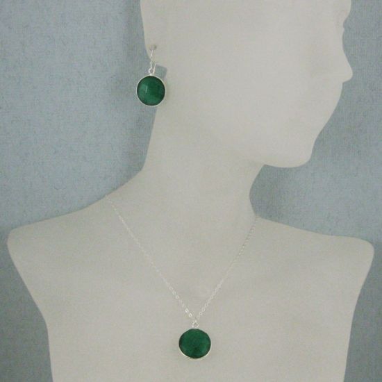 Wholesale Bezel Gem Round Pendant Necklace & Earrings-Sterling Silver- Green Onyx (16-24")