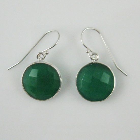 Wholesale Bezel Gem Round Pendant Necklace & Earrings-Sterling Silver- Green Onyx (16-24")