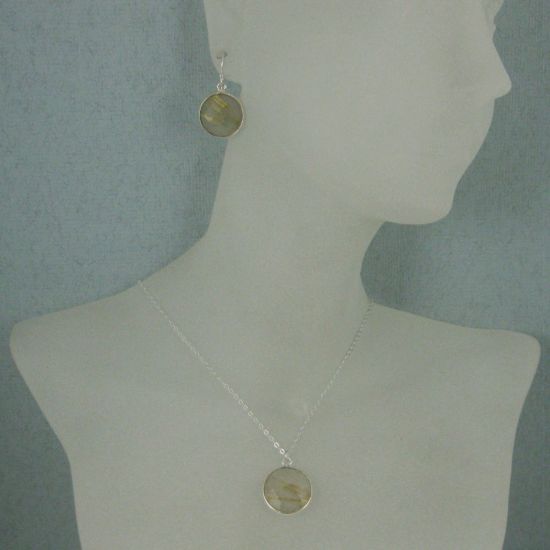 Wholesale Bezel Gem Round Pendant Necklace & Earrings-Sterling Silver-Gold Rutilated Quartz (16-24")