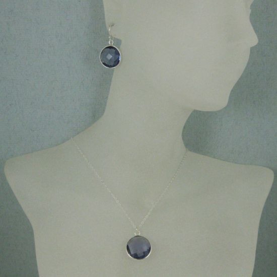 Wholesale Bezel Gem Round Pendant Necklace & Earrings-Sterling Silver-Iolite Quartz 16-24")