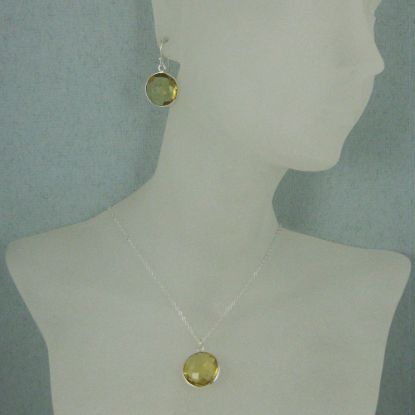 Wholesale Bezel Gem Round Pendant Necklace & Earrings-Sterling Silver-Lemon Quartz (16-24")