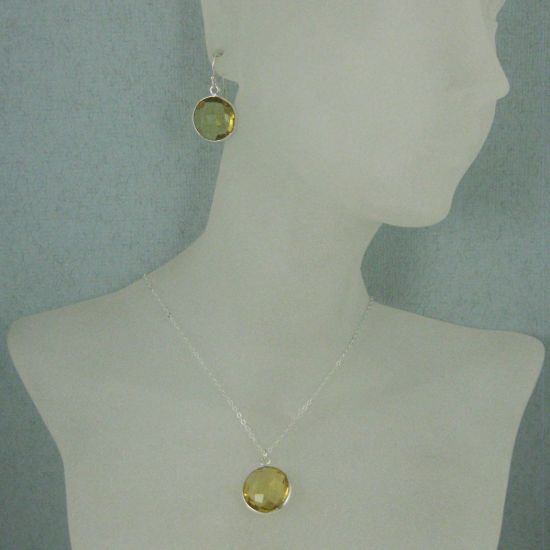 Wholesale Bezel Gem Round Pendant Necklace & Earrings-Sterling Silver-Lemon Quartz (16-24")