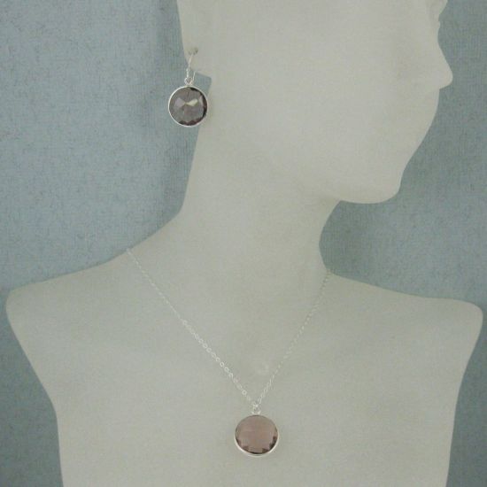 Wholesale Bezel Gem Round Pendant Necklace & Earrings-Sterling Silver-Pink Amethyst Quartz (16-24")