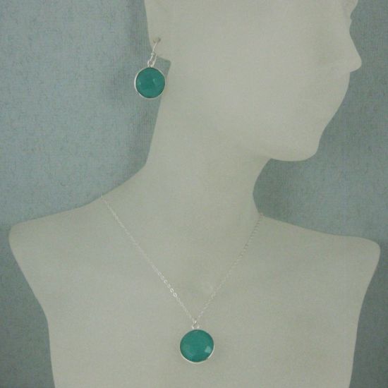 Wholesale Bezel Gem Round Pendant Necklace & Earrings-Sterling Silver-Peru Chalcedony (16-24")