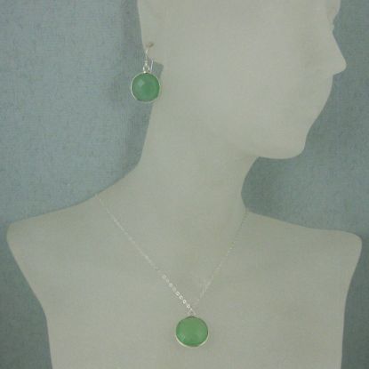Wholesale Bezel Gem Round Pendant Necklace & Earrings-Sterling Silver-Prenite Chalcedony (16-24")
